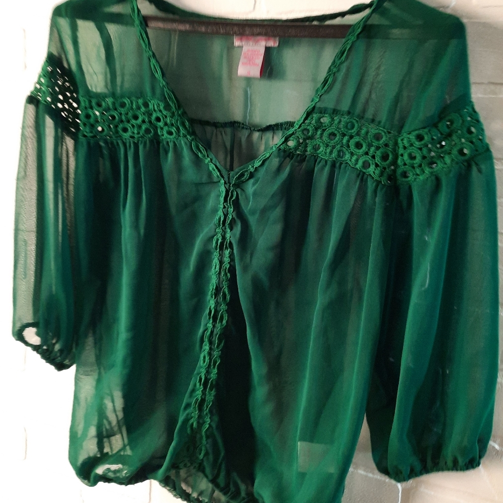 Green Sheer Blouse With Crochet Criss Cross Front